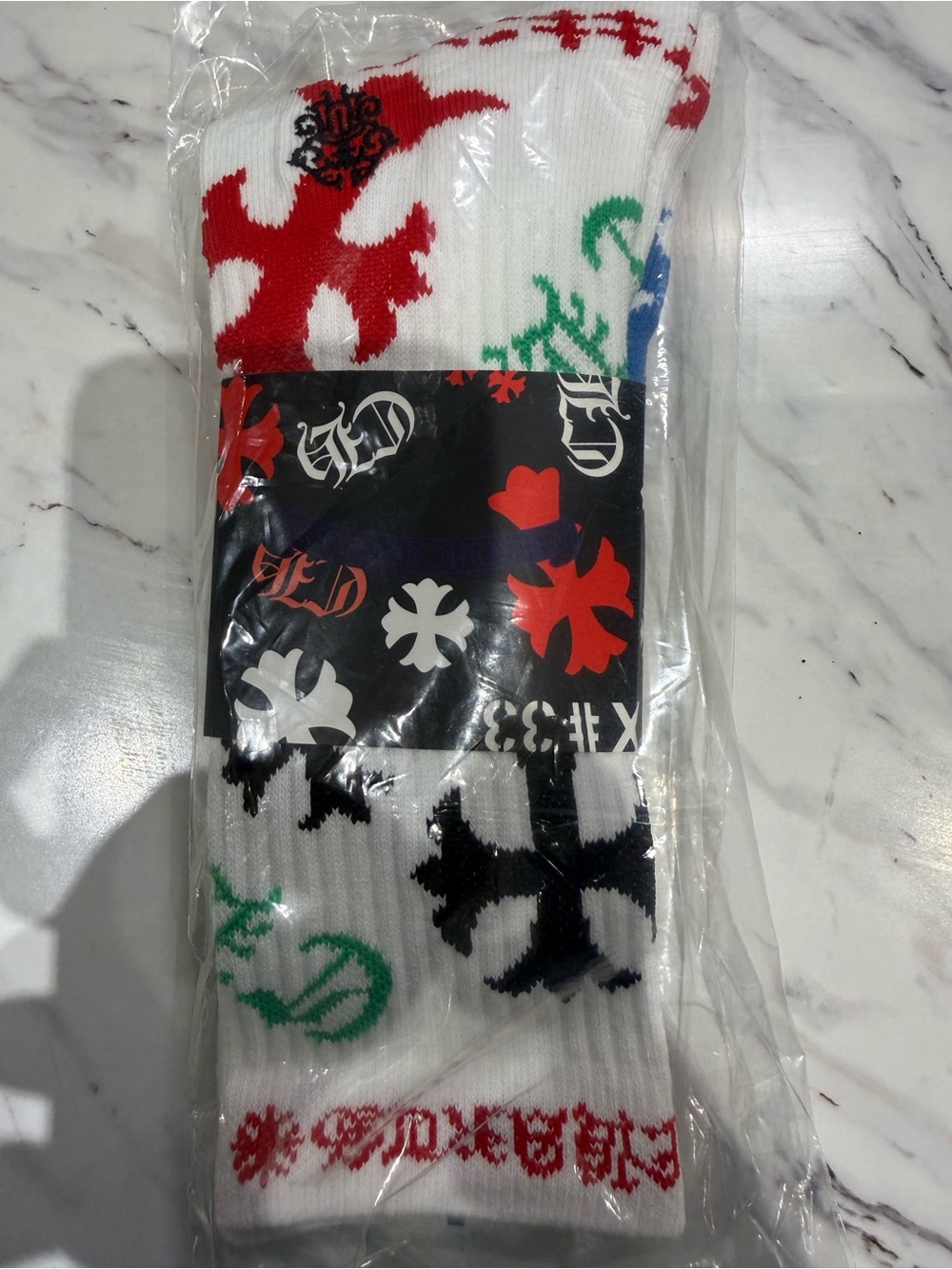 Chrome Hearts White Crew Socks with Red Black Green and Blue Cross Motifs